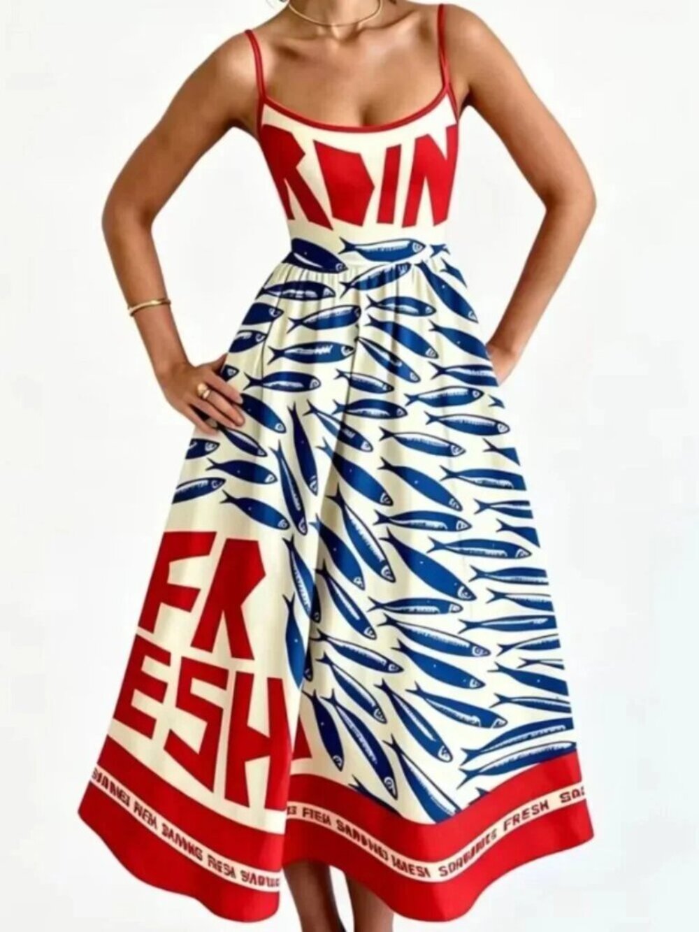 Market Fresh Sardines Red & Blue Maxi Dress